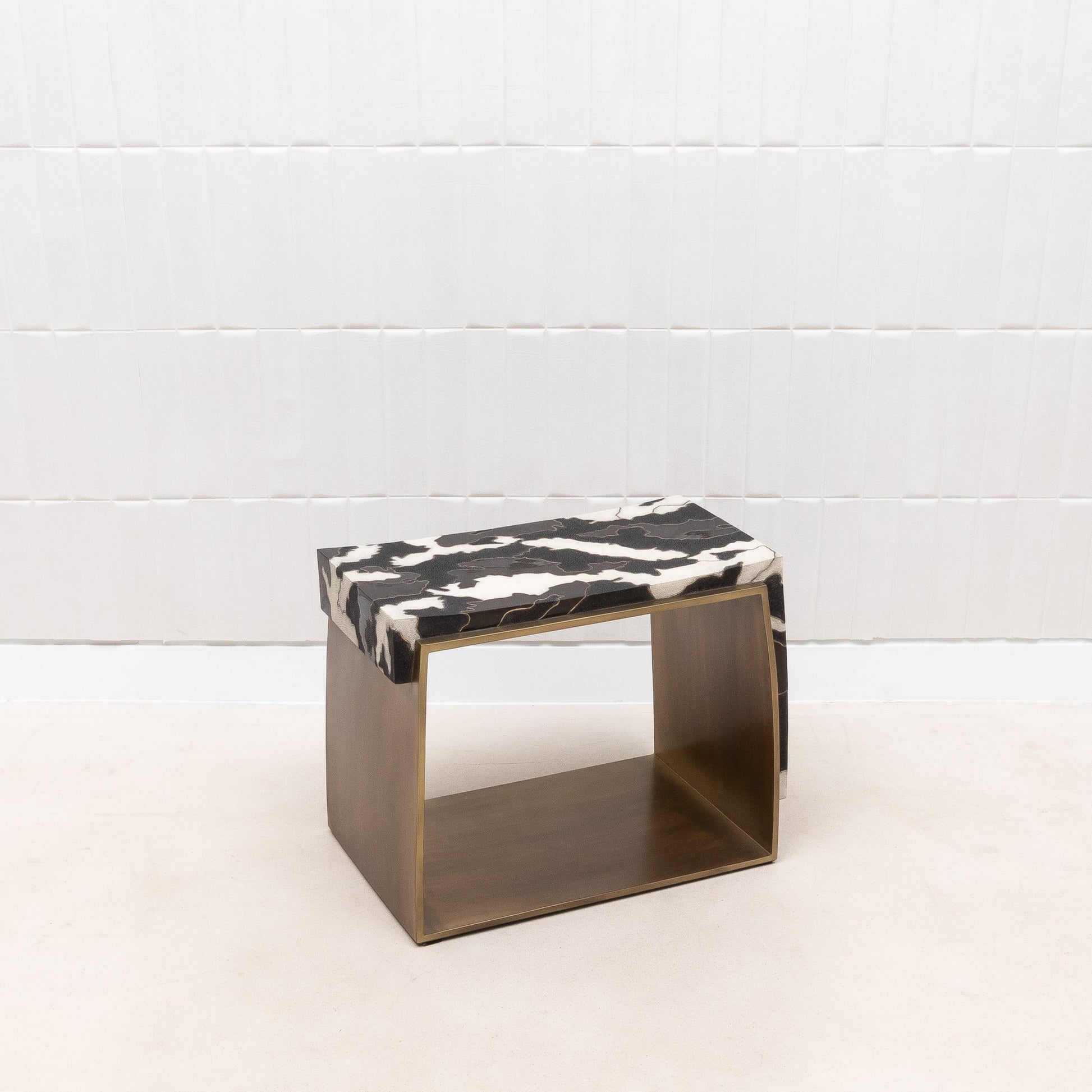 Camo Stool in Black/Cream Shagreen and Shell Pattern with Brass by R&Y Augousti
