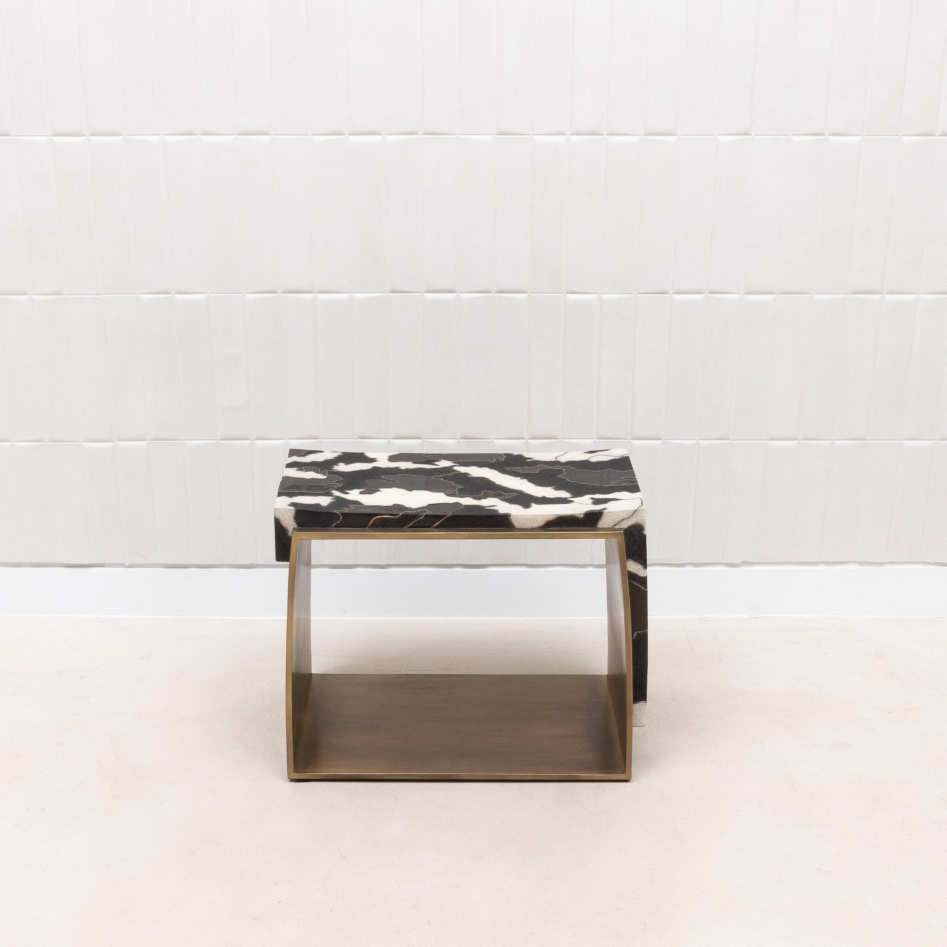 Camo Stool in Black/Cream Shagreen and Shell Pattern with Brass by R&Y Augousti