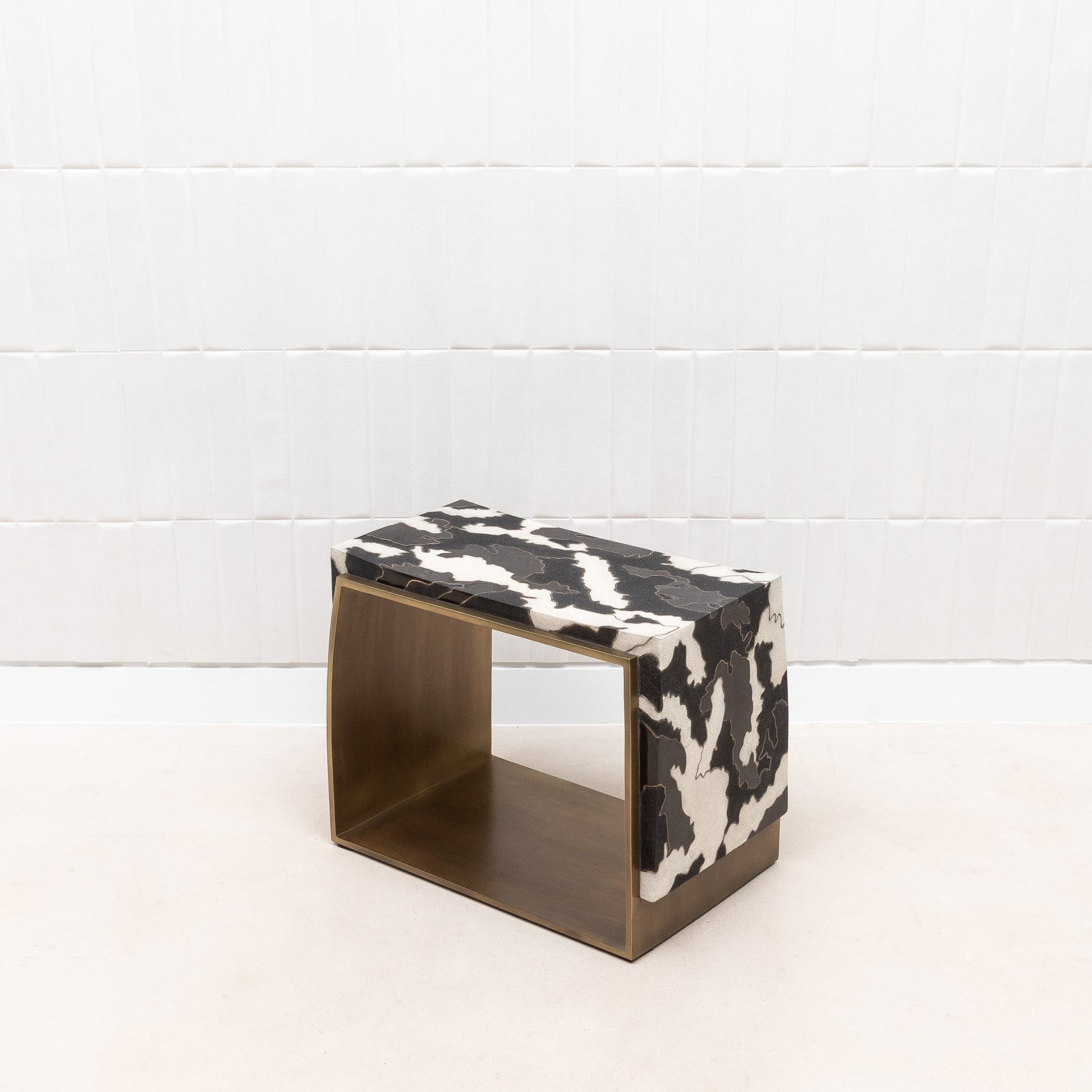 Camo Stool in Black/Cream Shagreen and Shell Pattern with Brass by R&Y Augousti