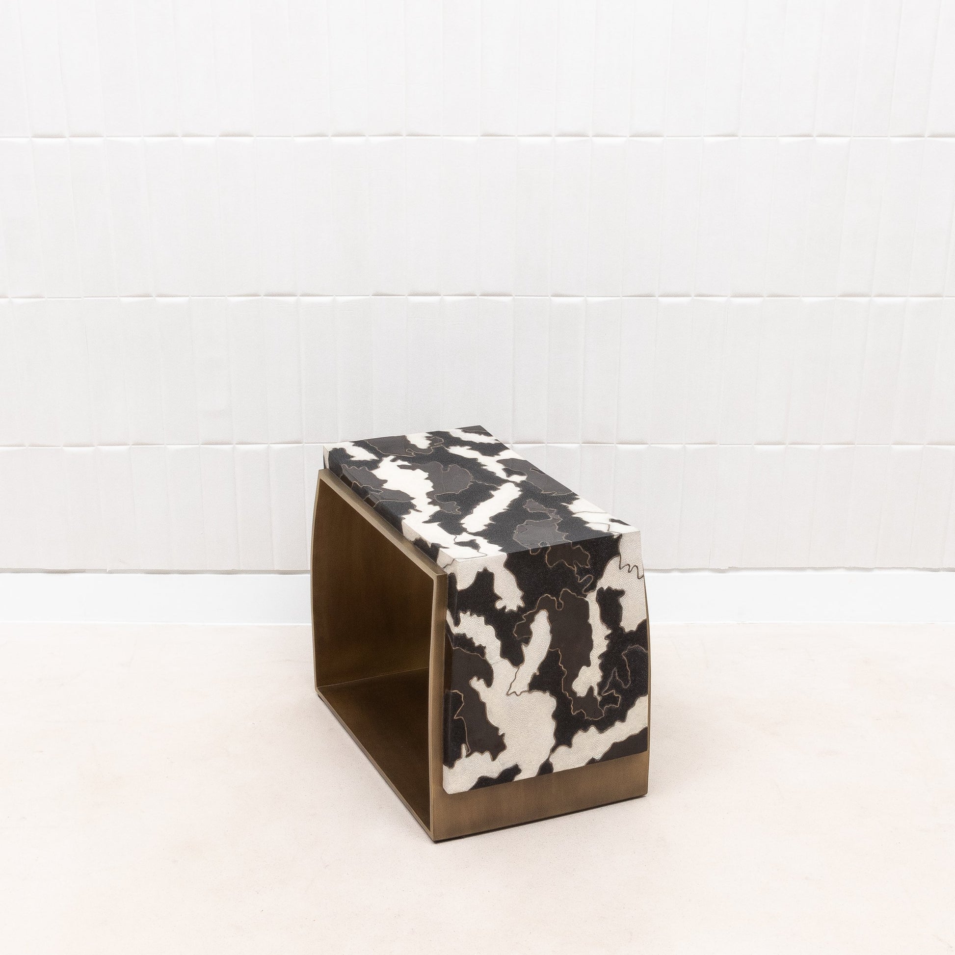 Camo Stool in Black/Cream Shagreen and Shell Pattern with Brass by R&Y Augousti