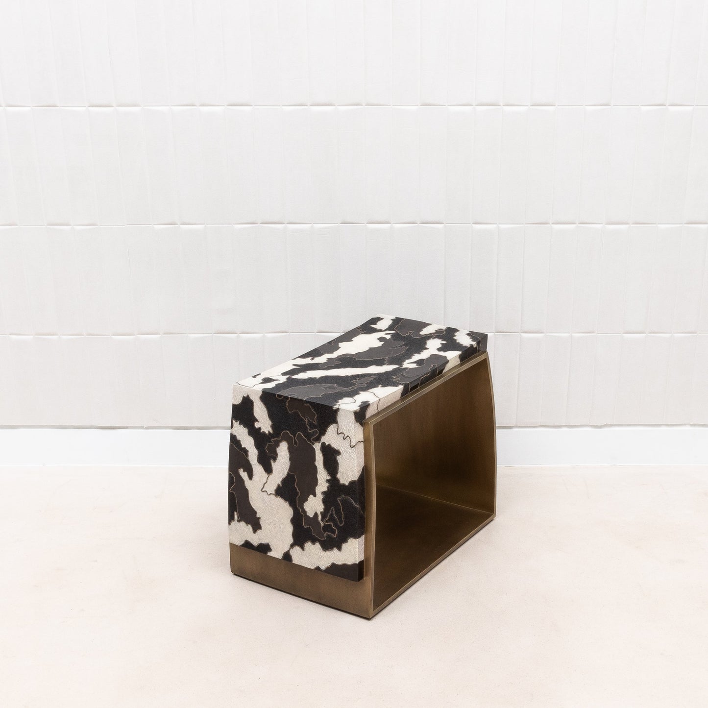 Camo Stool in Black/Cream Shagreen and Shell Pattern with Brass by R&Y Augousti