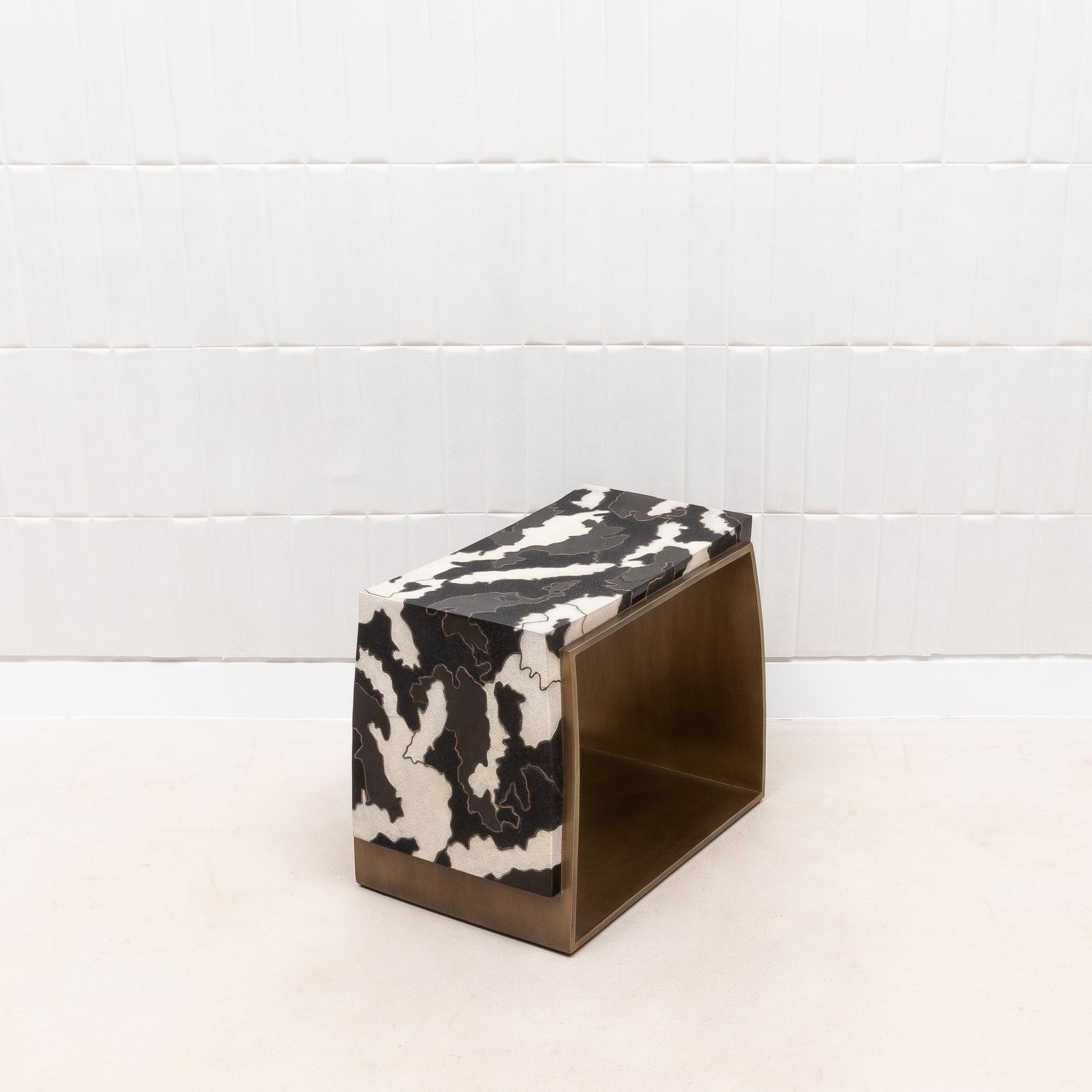 Camo Stool in Black/Cream Shagreen and Shell Pattern with Brass by R&Y Augousti