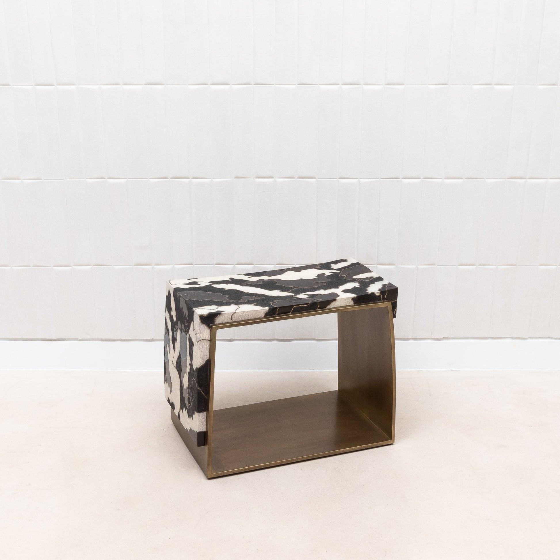 Camo Stool in Black/Cream Shagreen and Shell Pattern with Brass by R&Y Augousti