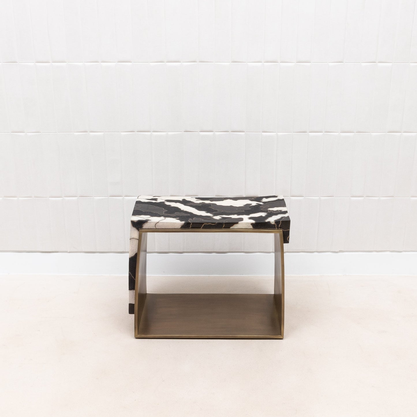 Camo Stool in Black/Cream Shagreen and Shell Pattern with Brass by R&Y Augousti