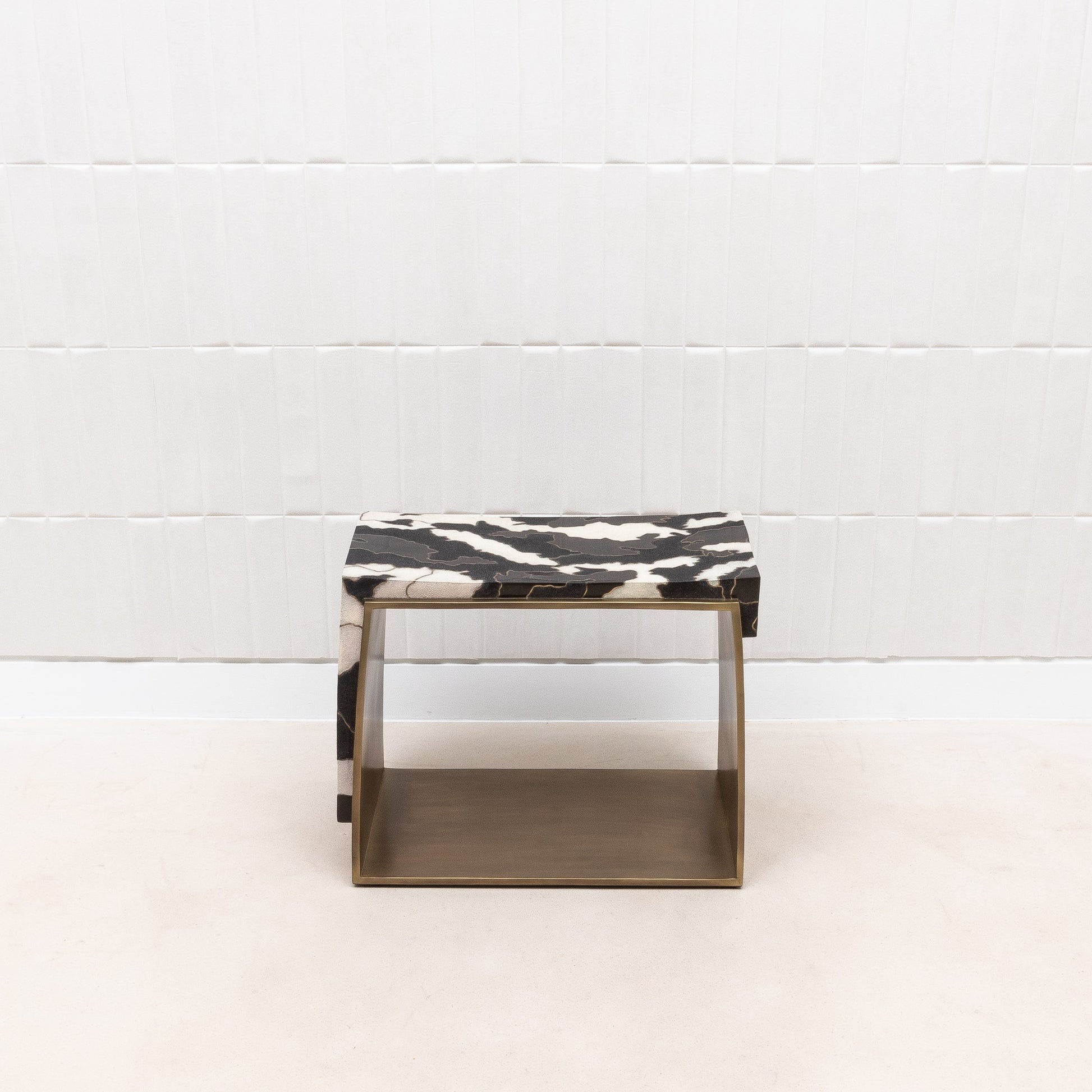 Camo Stool in Black/Cream Shagreen and Shell Pattern with Brass by R&Y Augousti