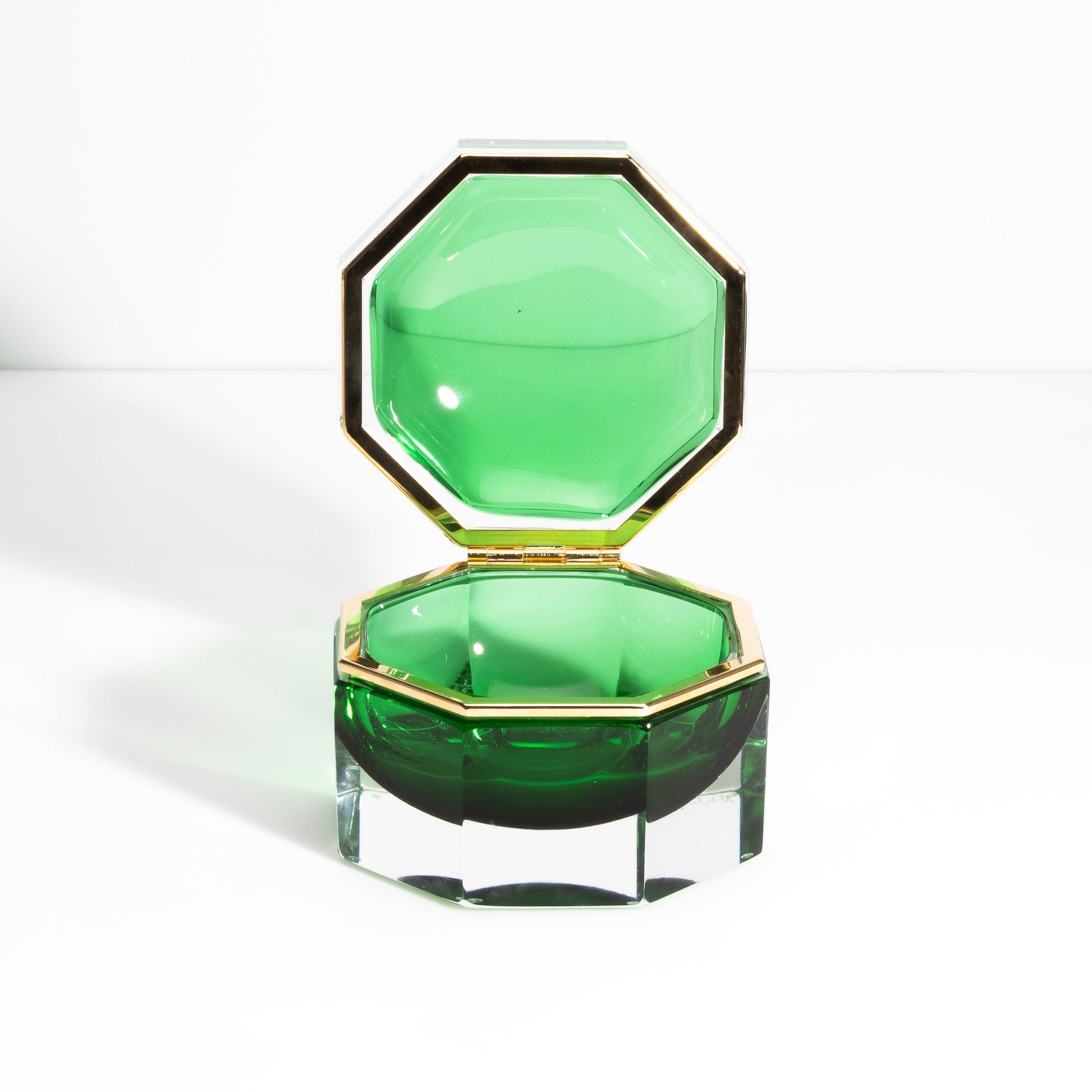 Murano Box Octagonal with Brass Fittings in Emerald Green