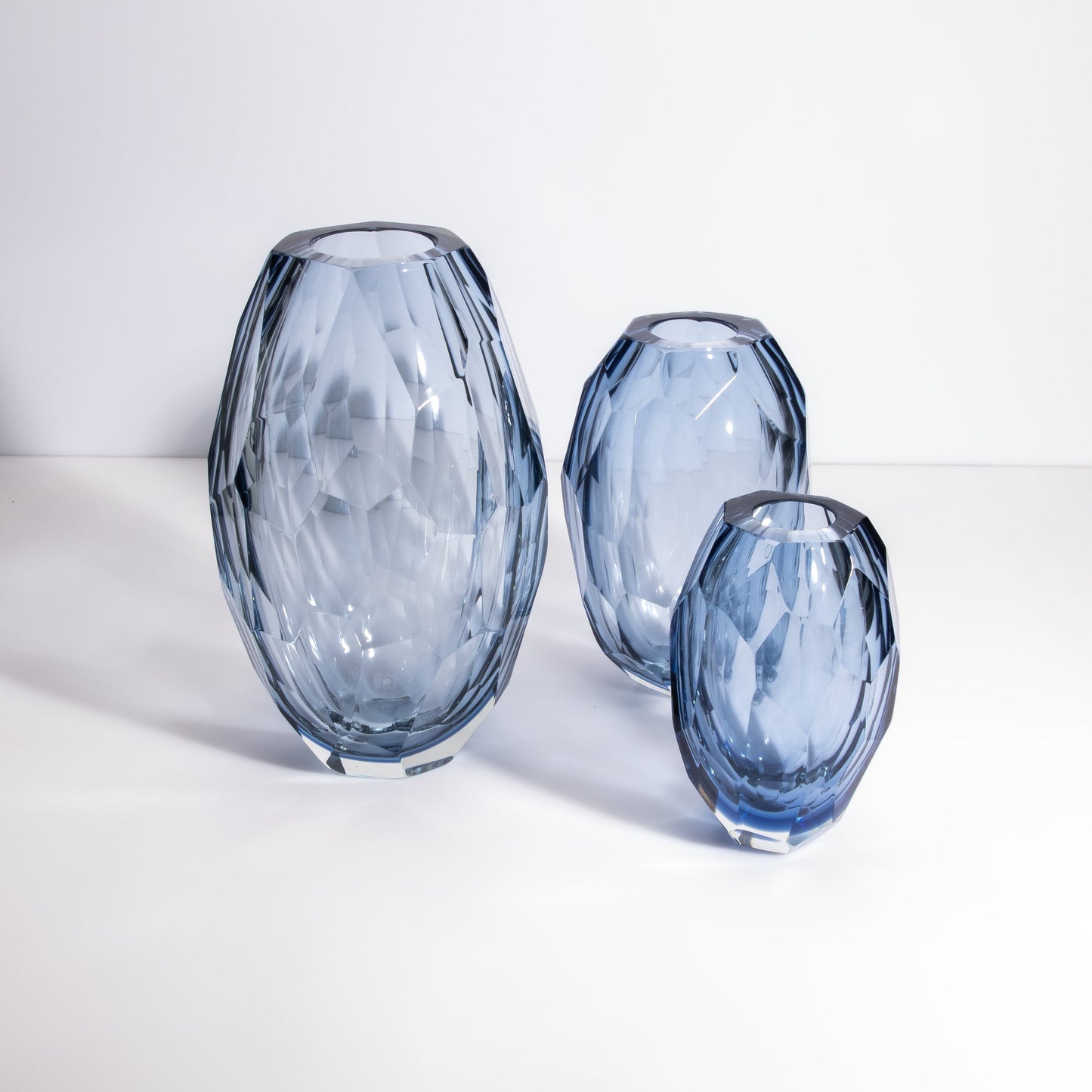 Set of 3 Murano Faceted Barrel Vases in Aquamarine