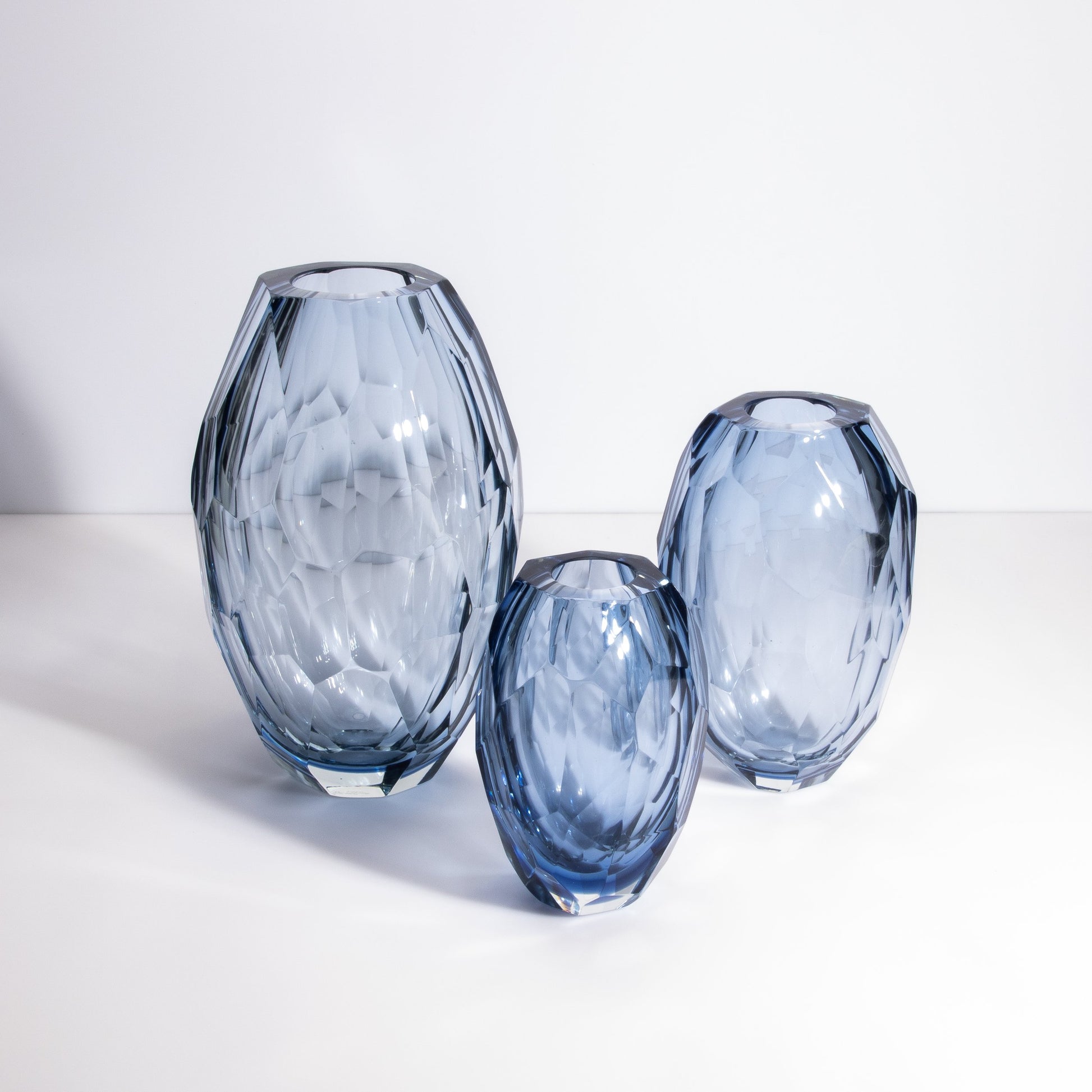Set of 3 Murano Faceted Barrel Vases in Aquamarine