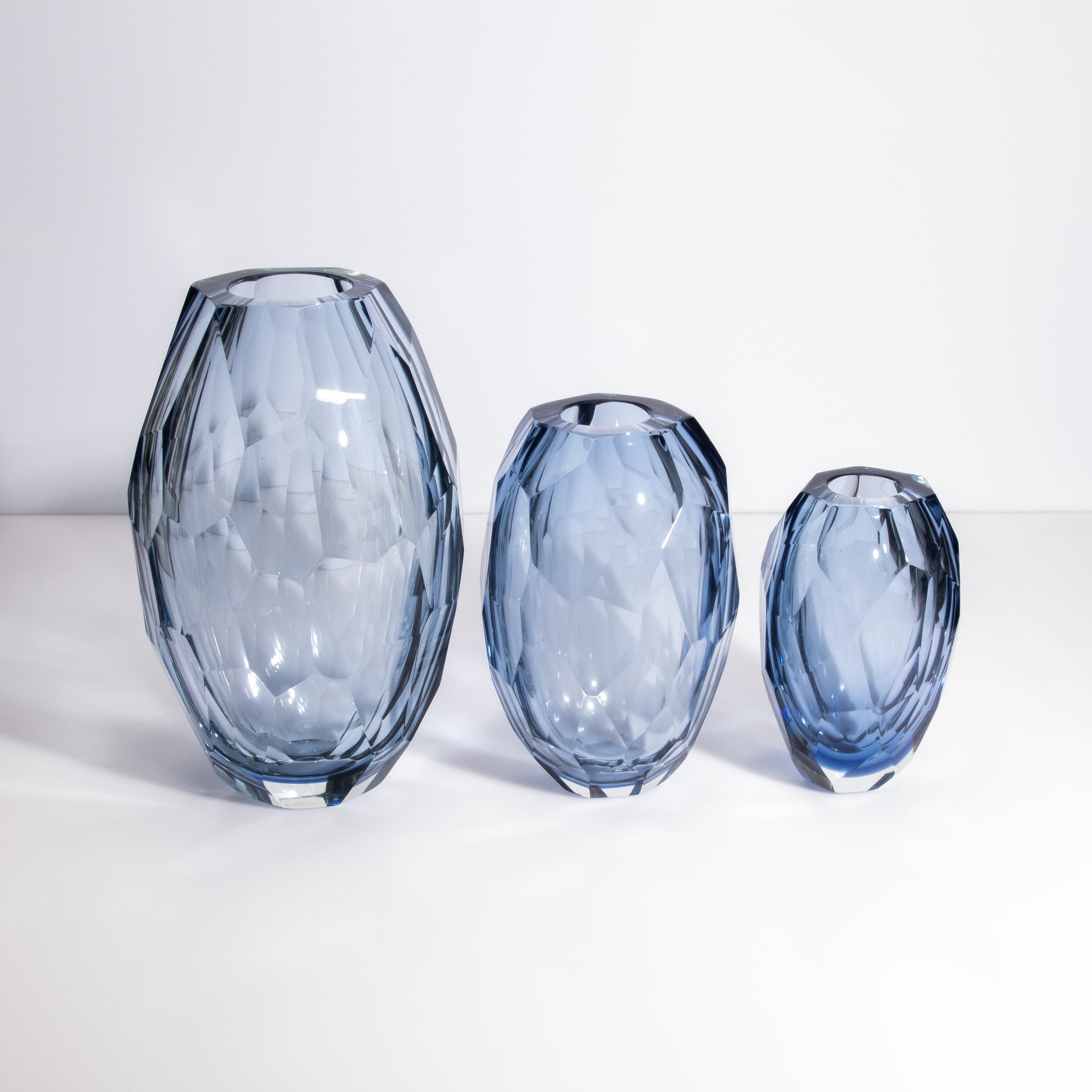 Set of 3 Murano Faceted Barrel Vases in Aquamarine
