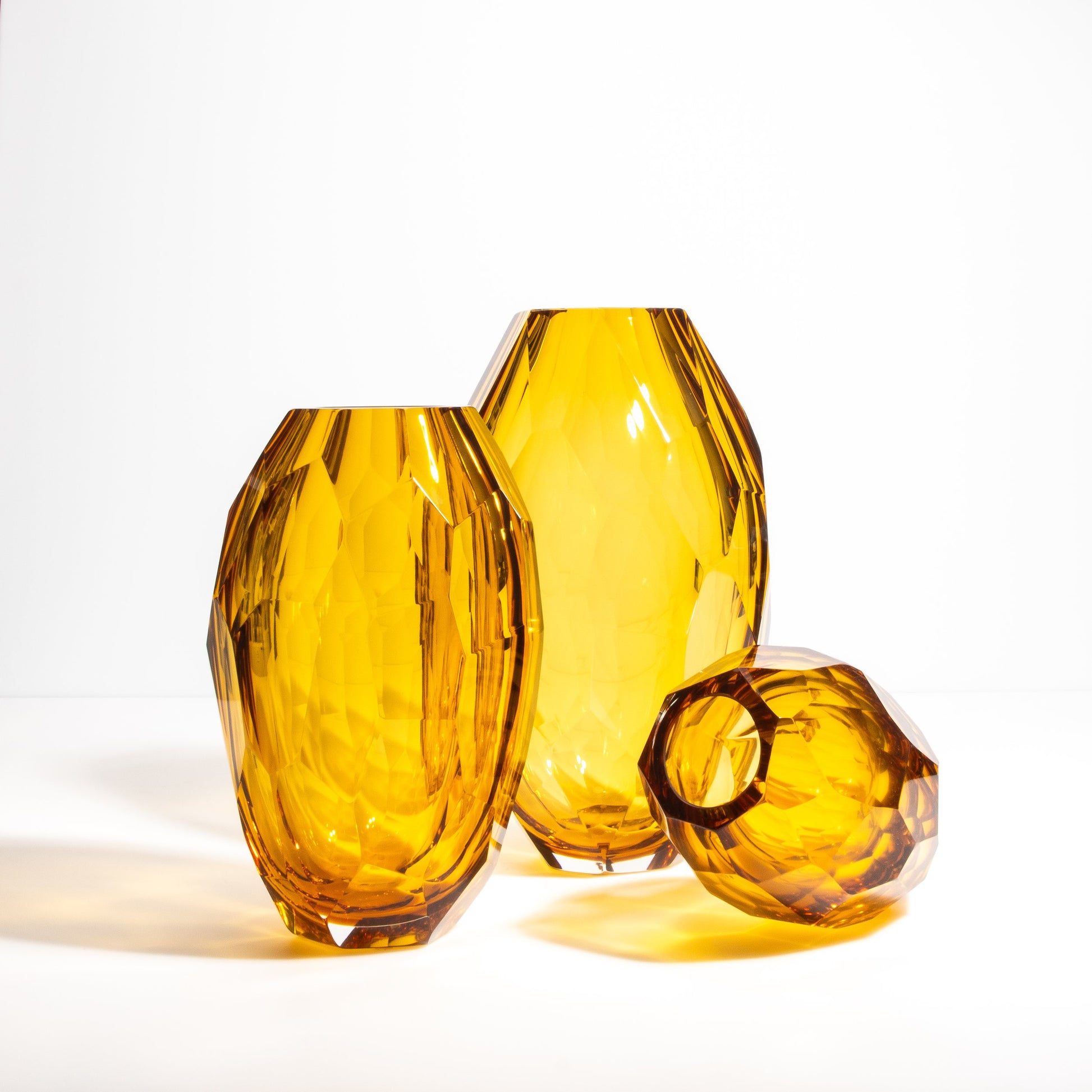 Set of 3 Murano Faceted Vases in Amber