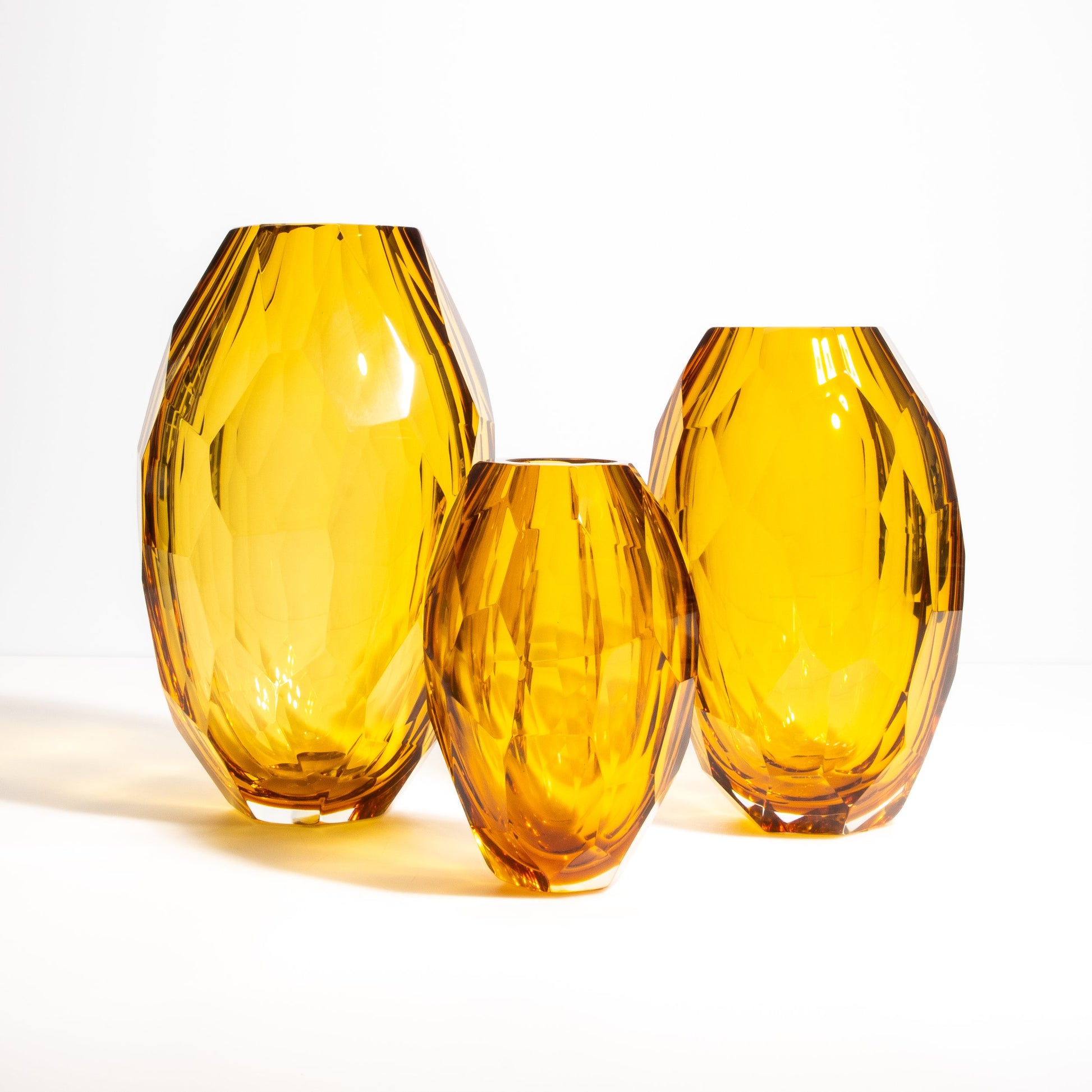 Set of 3 Murano Faceted Vases in Amber