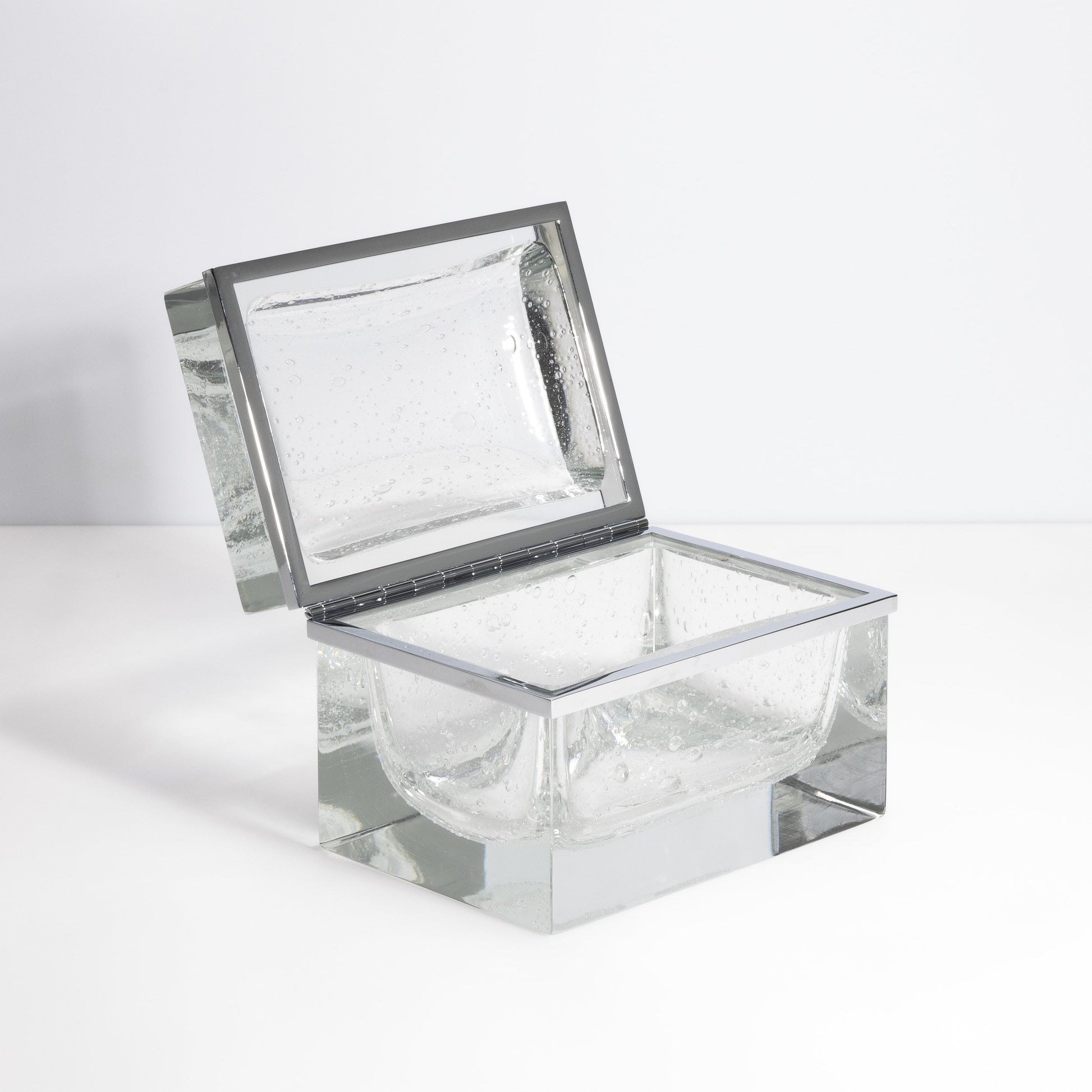 Murano Box with Bubbles and Chrome Fittings in Crystal