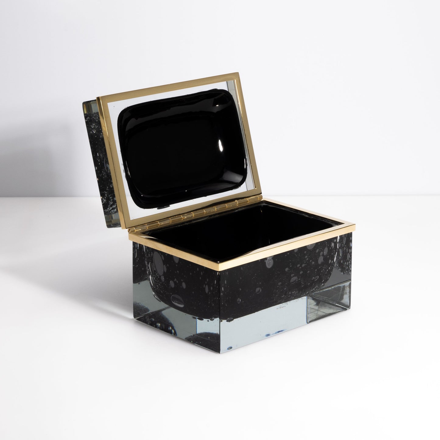 Murano Glass Box in Black with Bubbles and Brass Fittings