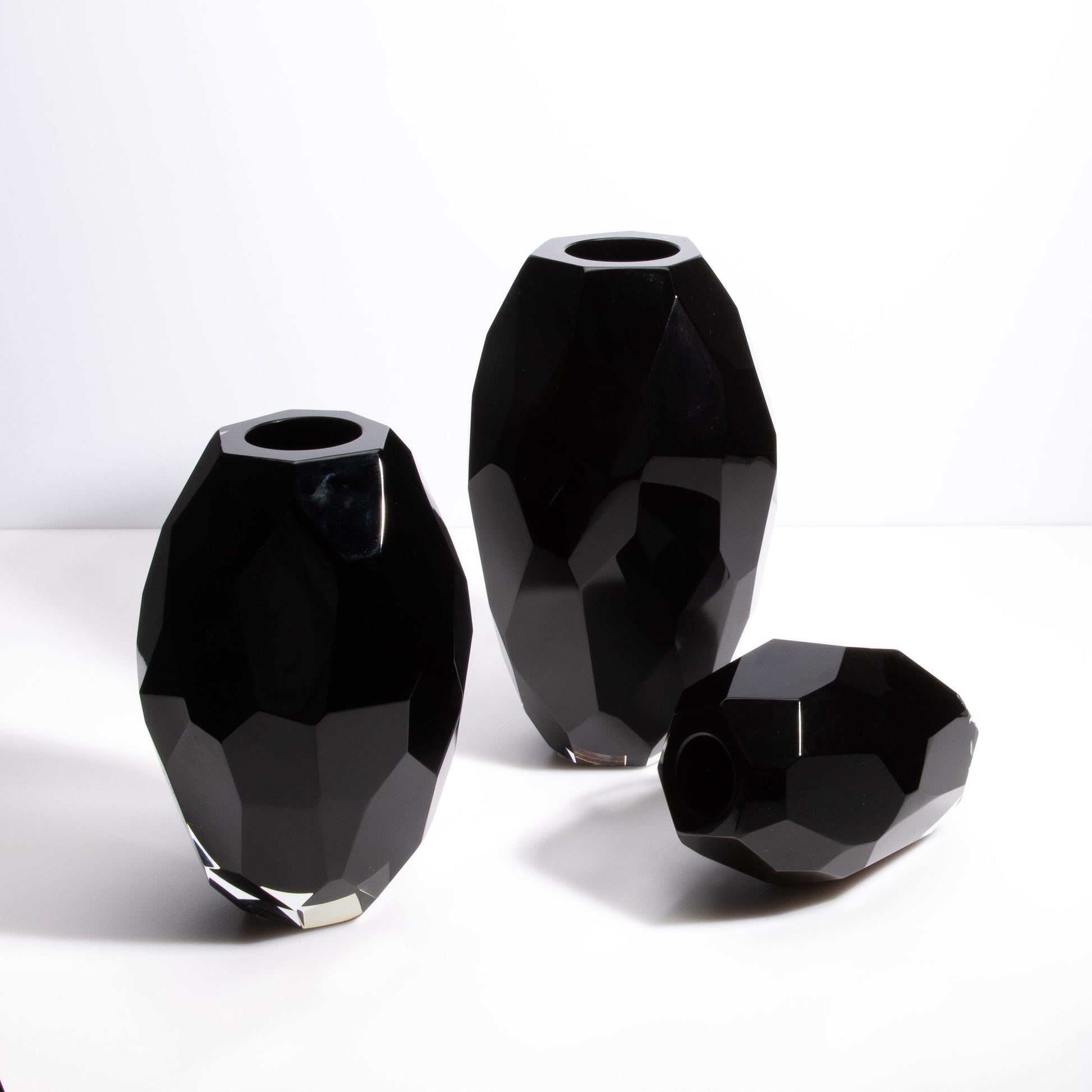 Set of 3 Murano Faceted Vases in Onyx Black