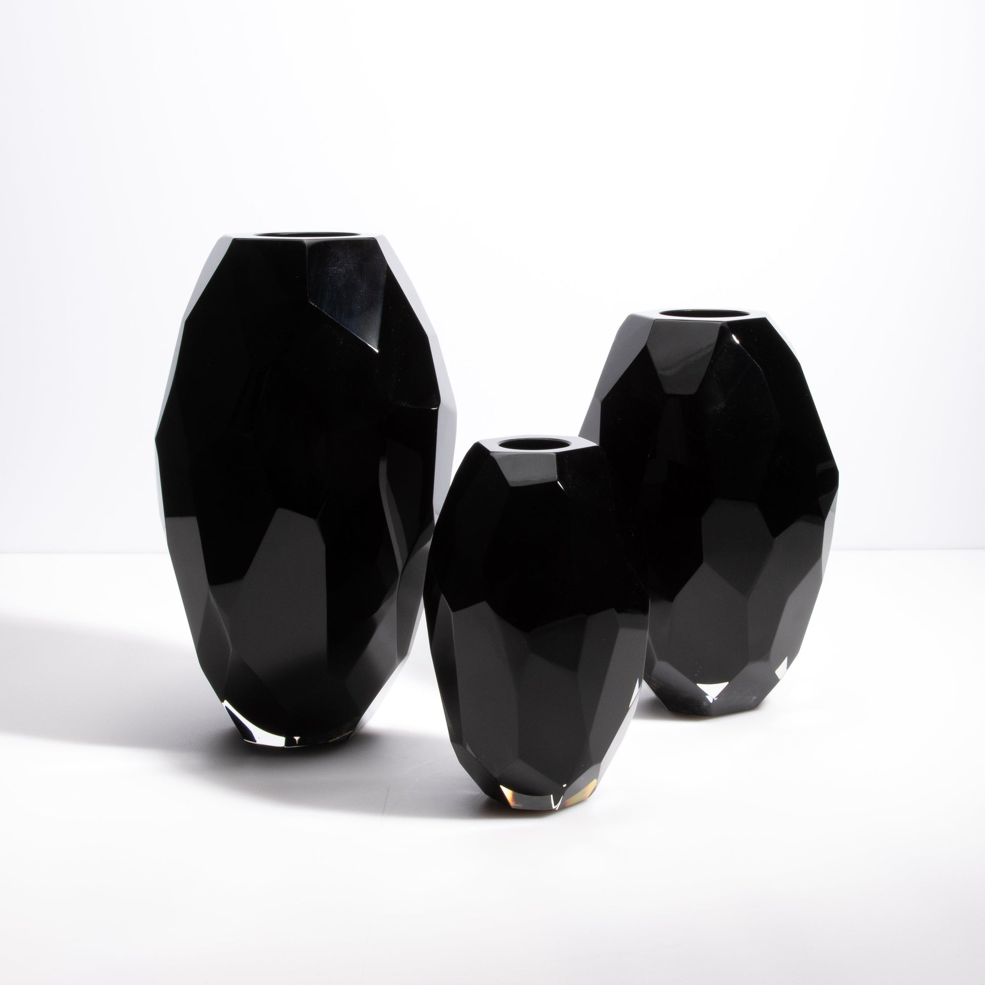 Set of 3 Murano Faceted Vases in Onyx Black