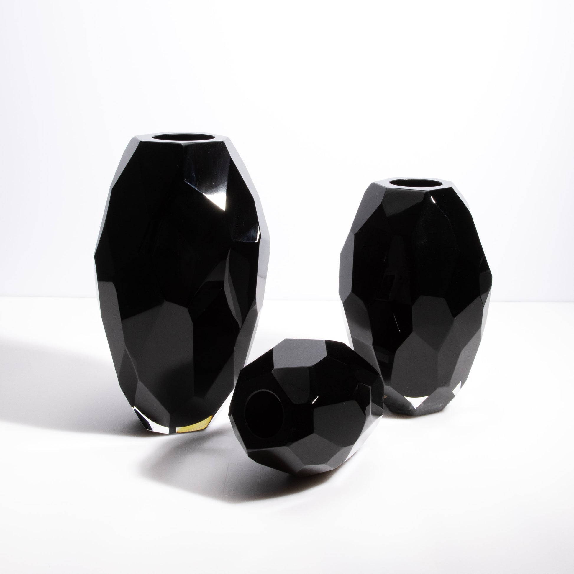 Set of 3 Murano Faceted Vases in Onyx Black
