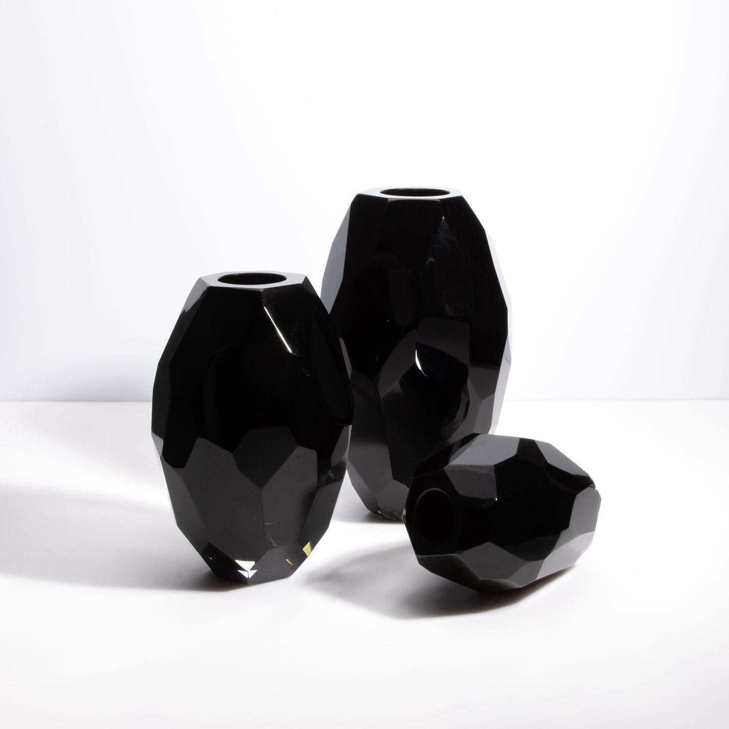 Set of 3 Murano Faceted Vases in Onyx Black