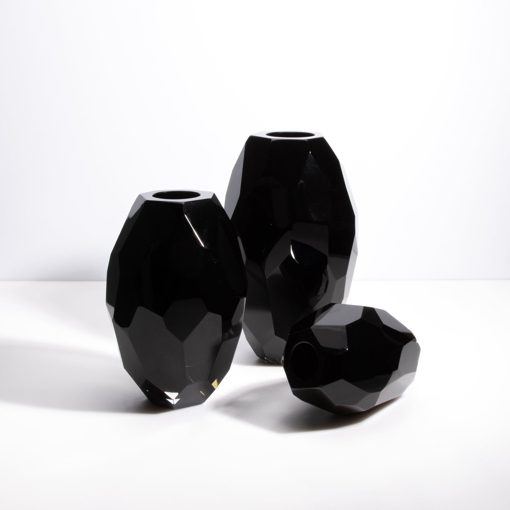 Set of 3 Murano Faceted Vases in Onyx Black