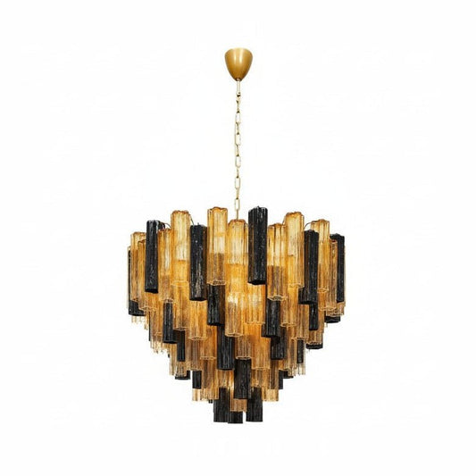 Hand-Blown Murano Tronchi Chandelier in Black and Amber with Brass Fittings