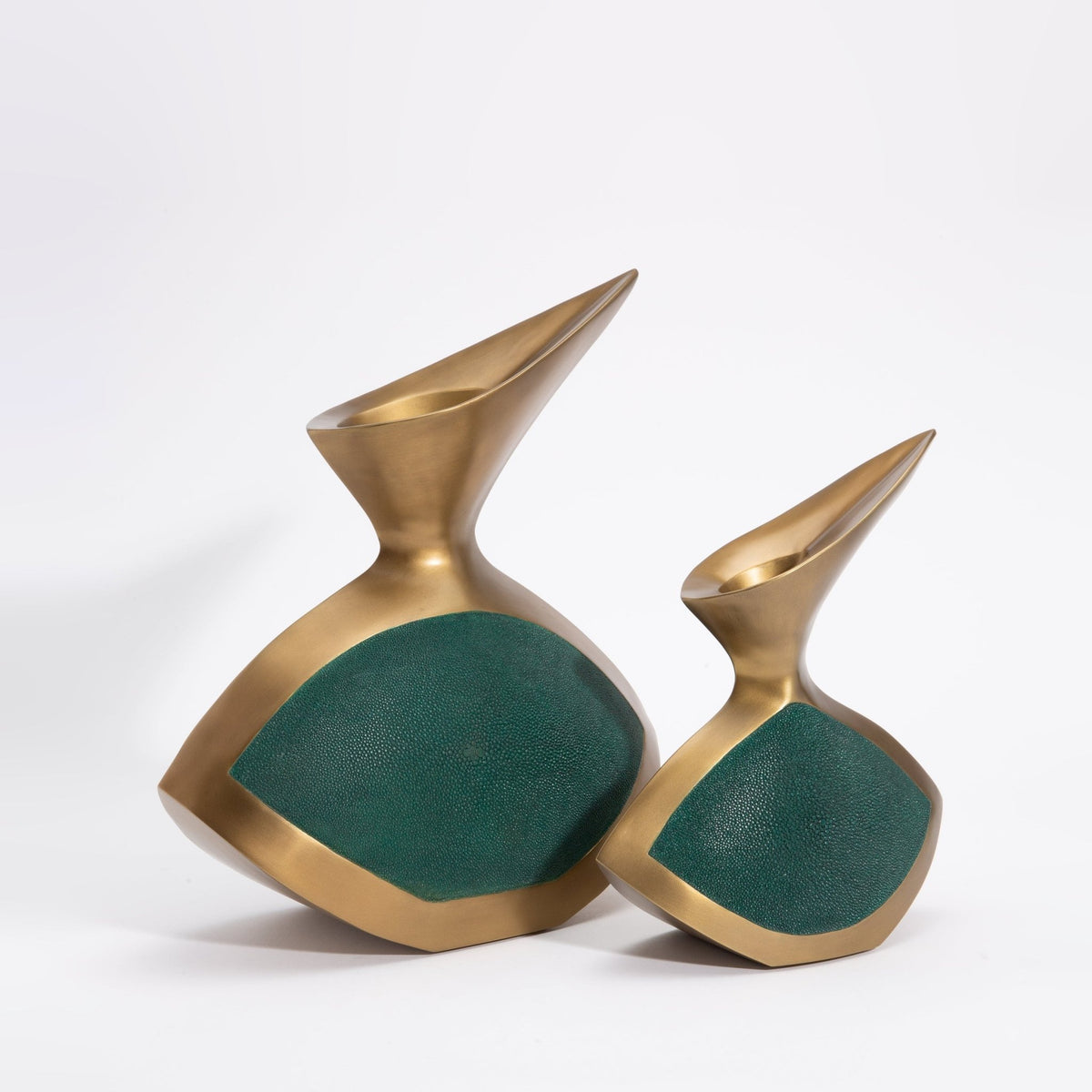 Modern Sculptural Vase in Brass with Emerald Green Shagreen  by R&Y Augousti