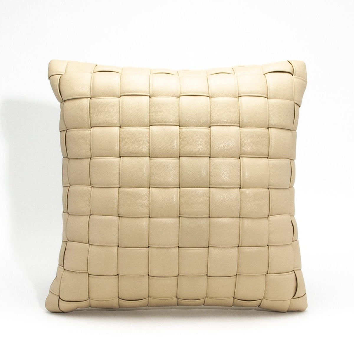 Cream Woven Leather Pillow at MOGUL