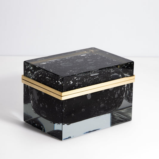 Murano Glass Box in Black with Bubbles and Brass Fittings