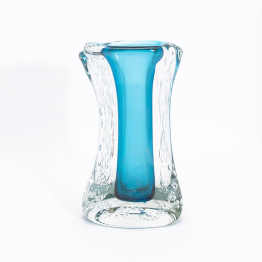 Murano Modern Fluid Vase in Aquamarine Blue with Bubbles