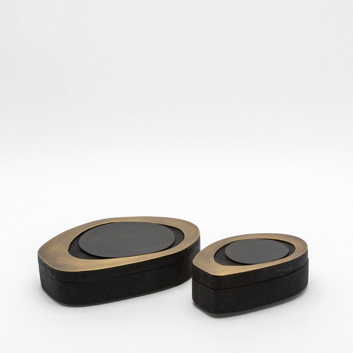 Set of 2 Boxes in Black Shagreen with Shell and Bronze Patina Brass Details by R&Y Augousti
