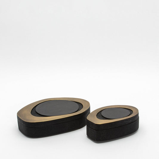 Set of 2 Boxes in Black Shagreen with Shell and Bronze Patina Brass Details by R&Y Augousti