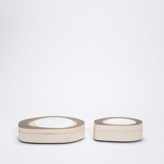 Set of 2 Boxes in Cream Shagreen with Mother of Pearl and Bronze Patina Brass by R&Y Augousti