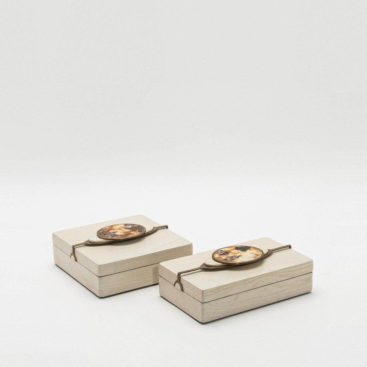 Set of 2 Boxes in Oak with Semi-Precious Stone and Brass by Kifu Paris