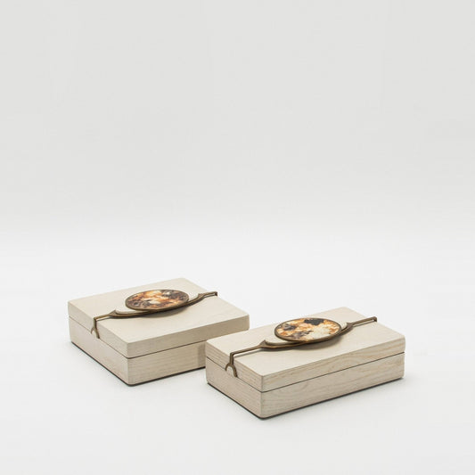 Set of 2 Boxes in Oak with Semi-Precious Stone and Brass by Kifu Paris