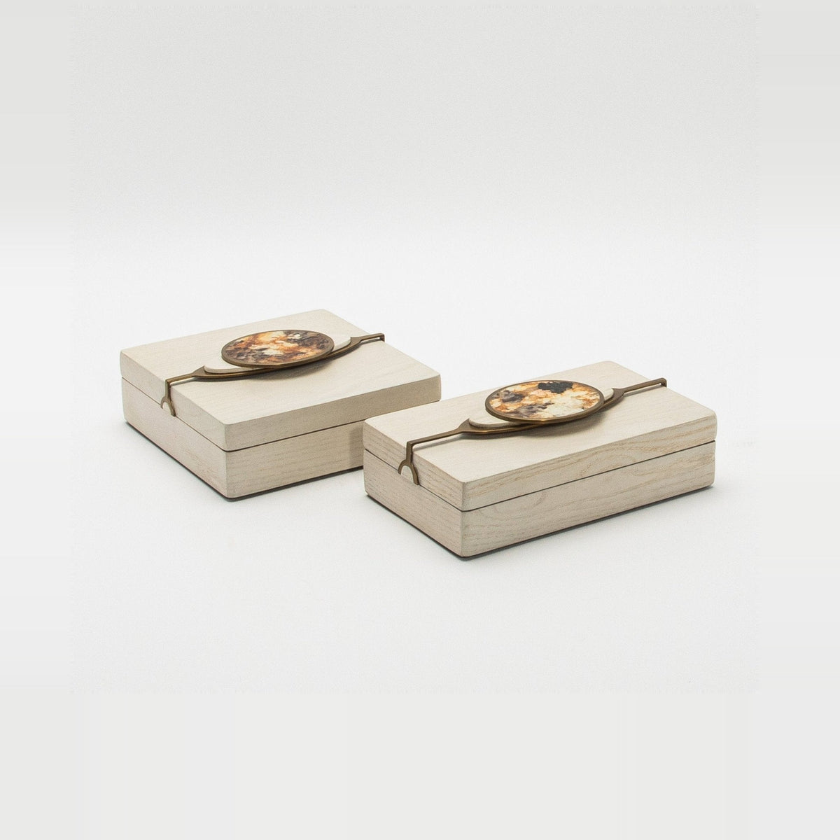 Set of 2 Boxes in Oak with Semi-Precious Stone and Brass by Kifu Paris
