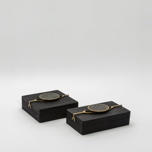 Set of 2 Boxes in Shagreen with Semi-Precious Stone and Brass by Kifu Paris