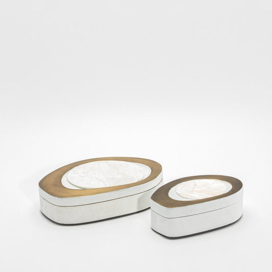 Set of 2 Boxes in White Shagreen and Mother of Pearl with Bronze Patina Brass by R&Y Augousti