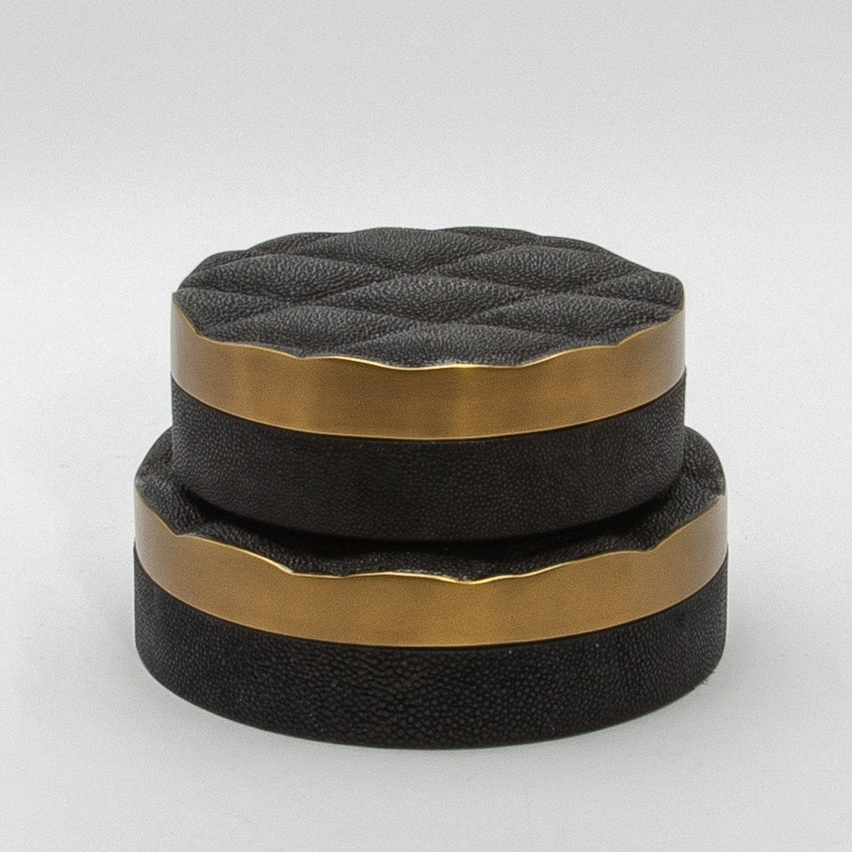 Set of 2 Quilted Boxes in Black Shagreen with Bronze Patina Brass by Kifu Paris