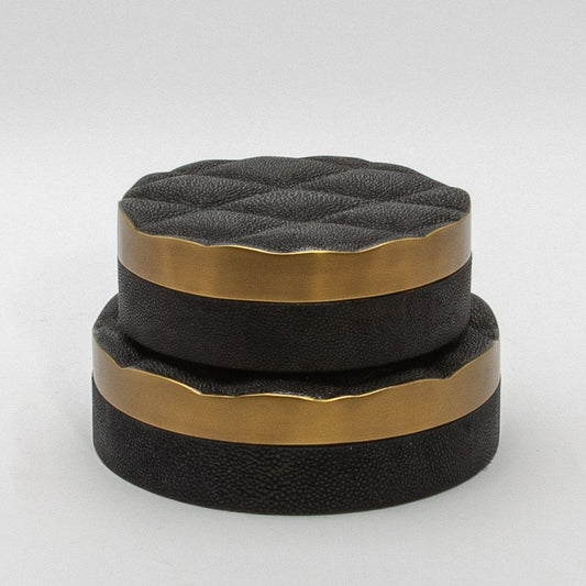 Set of 2 Quilted Boxes in Black Shagreen with Bronze Patina Brass by Kifu Paris