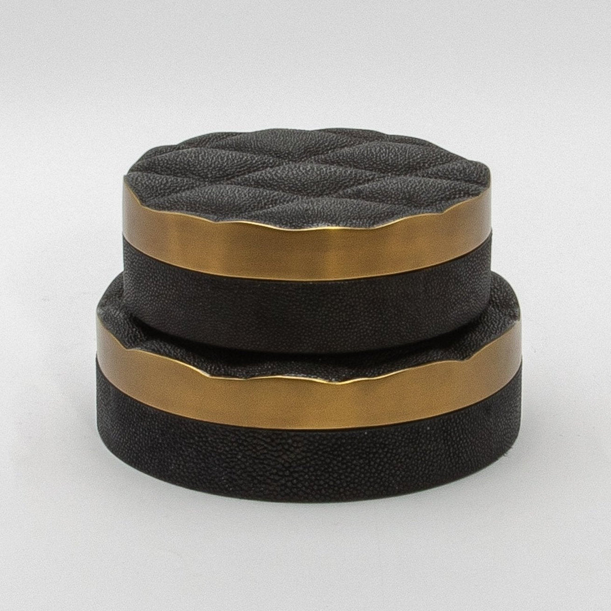 Set of 2 Quilted Boxes in Black Shagreen with Bronze Patina Brass by Kifu Paris
