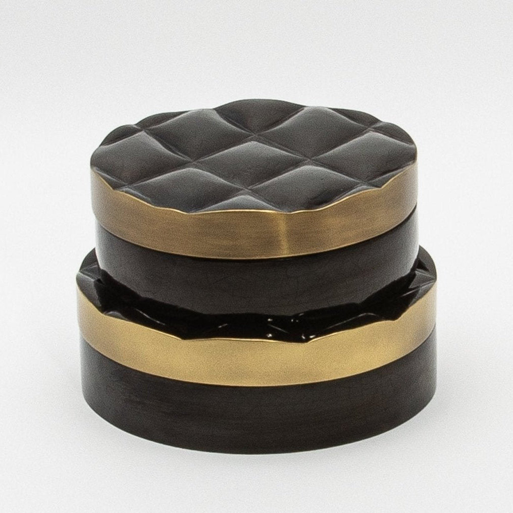 Set of 2 Quilted Boxes in Black Shell with Bronze Patina Brass by Kifu Paris