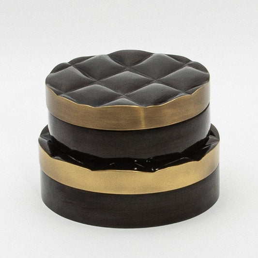 Set of 2 Quilted Boxes in Black Shell with Bronze Patina Brass by Kifu Paris