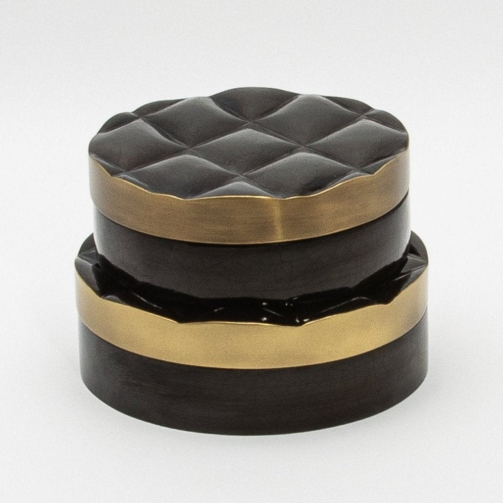 Set of 2 Quilted Boxes in Black Shell with Bronze Patina Brass by Kifu Paris