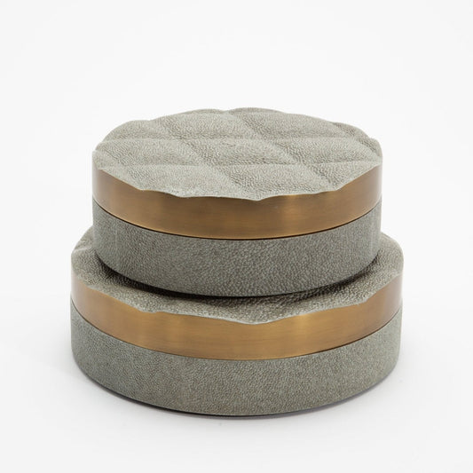 Set of 2 Quilted Boxes in Grey Shagreen with Bronze Patina Brass by Kifu Paris