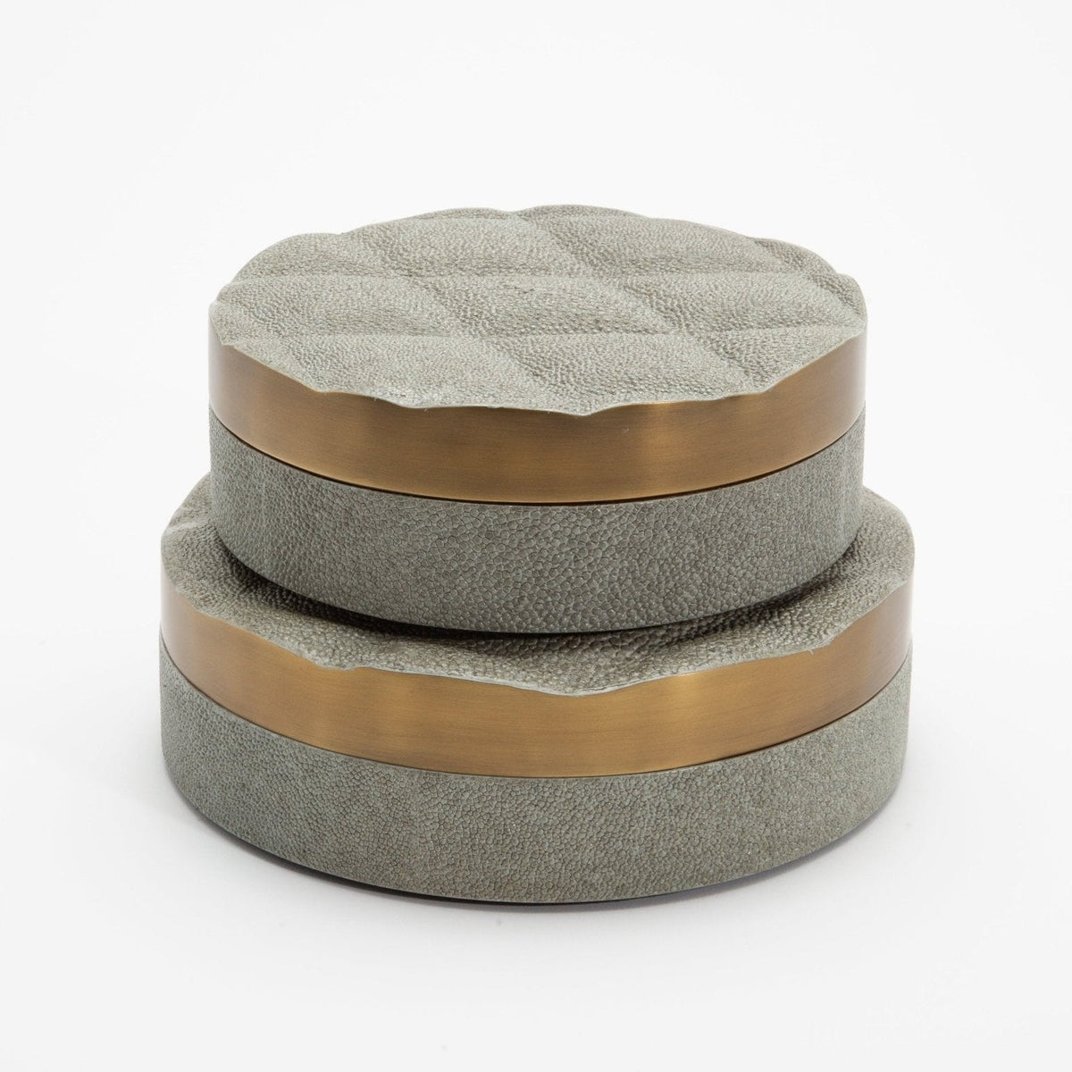 Set of 2 Quilted Boxes in Grey Shagreen with Bronze Patina Brass by Kifu Paris