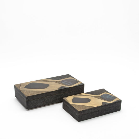 Set of 2 Rectangular Boxes in Coal Black and Brown Shagreen with Black and Blue Shell and Brass Cosmos Pattern Insert by R&Y Augousti