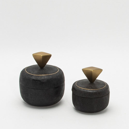 Set of 2 Round Boxes in Black Shagreen with Bronze Patina Brass Knob by Kifu Paris