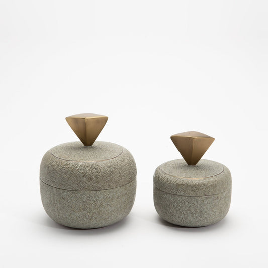 Set of 2 Round Boxes in Grey Shagreen with Bronze Patina Brass Details by Kifu Paris