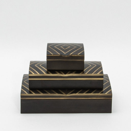 Set of 3 Boxes in Black Oak with Brass Details by R&Y Augousti