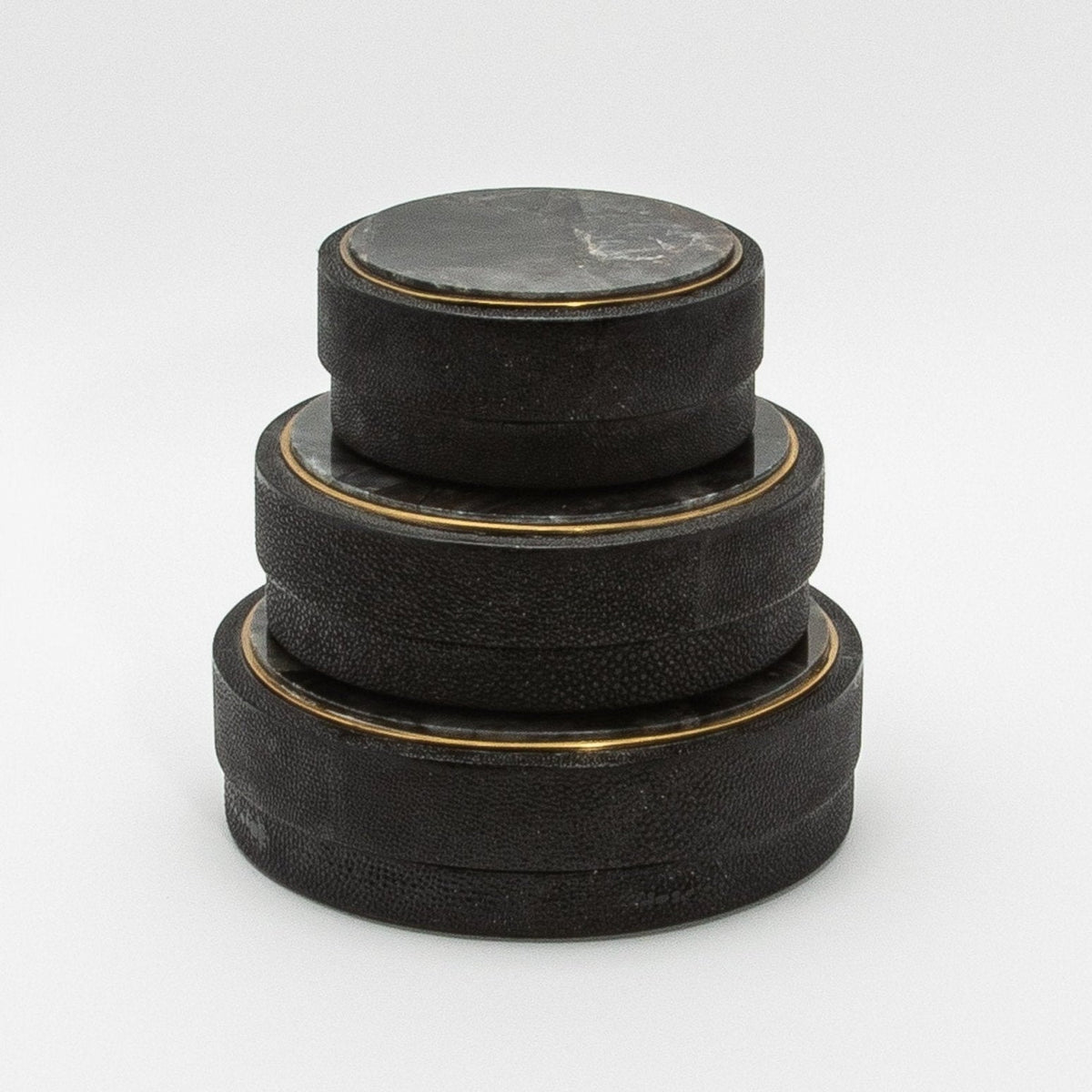 Set of 3 Boxes in Black Shagreen and Black Quartz with Brass Frame by R&Y Augousti