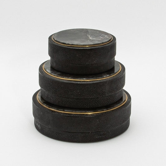 Set of 3 Boxes in Black Shagreen and Black Quartz with Brass Frame by R&Y Augousti