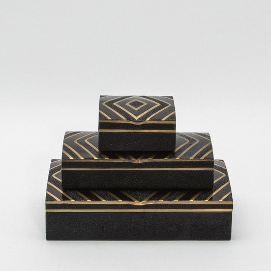 Set of 3 Boxes in Black Shagreen with Black Shell and Brass Details by R&Y Augousti